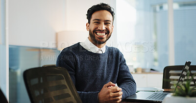 Buy stock photo Smile, portrait and lawyer in office with laptop, advocate and career pride. Legal aid, consultant and happy for opportunity with attorney person for law firm, agency and legislation with space