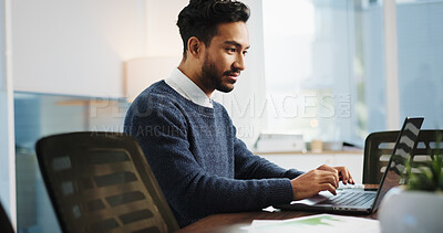 Buy stock photo Lawyer, man and laptop in office for online research, advocate and case thinking. Legal aid, document and report for opportunity with attorney person with law firm, agency and reading legislation