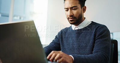 Buy stock photo Lawyer, man and laptop in office for thinking, advocate and online case research. Legal aid, technology and report for opportunity with attorney person with law firm, agency and reading legislation