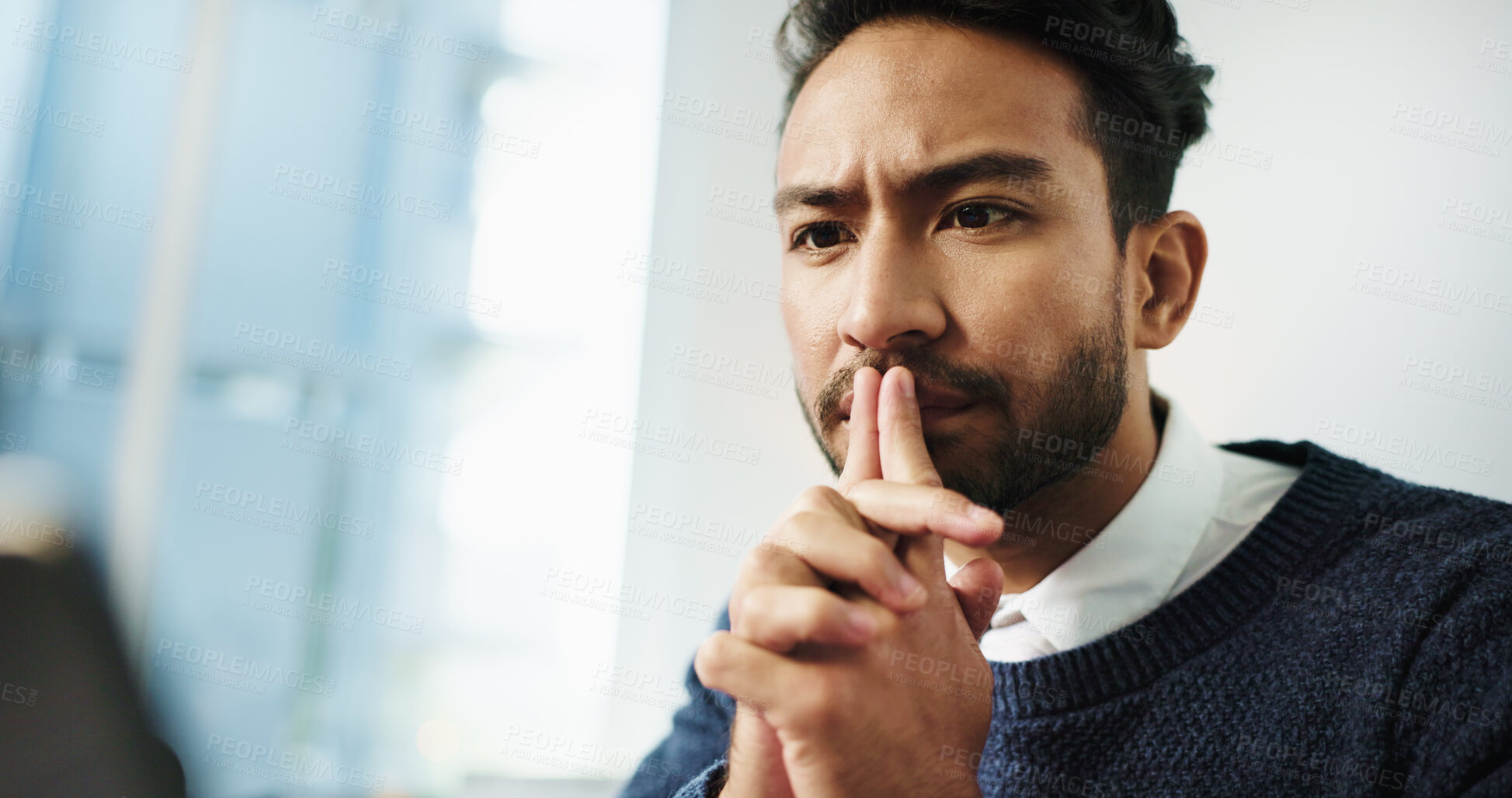 Buy stock photo Thinking, idea and attorney with business, advocate and justice career in office. Legal aid, laptop and service for opportunity with lawyer person for law firm, agency and legislation with space