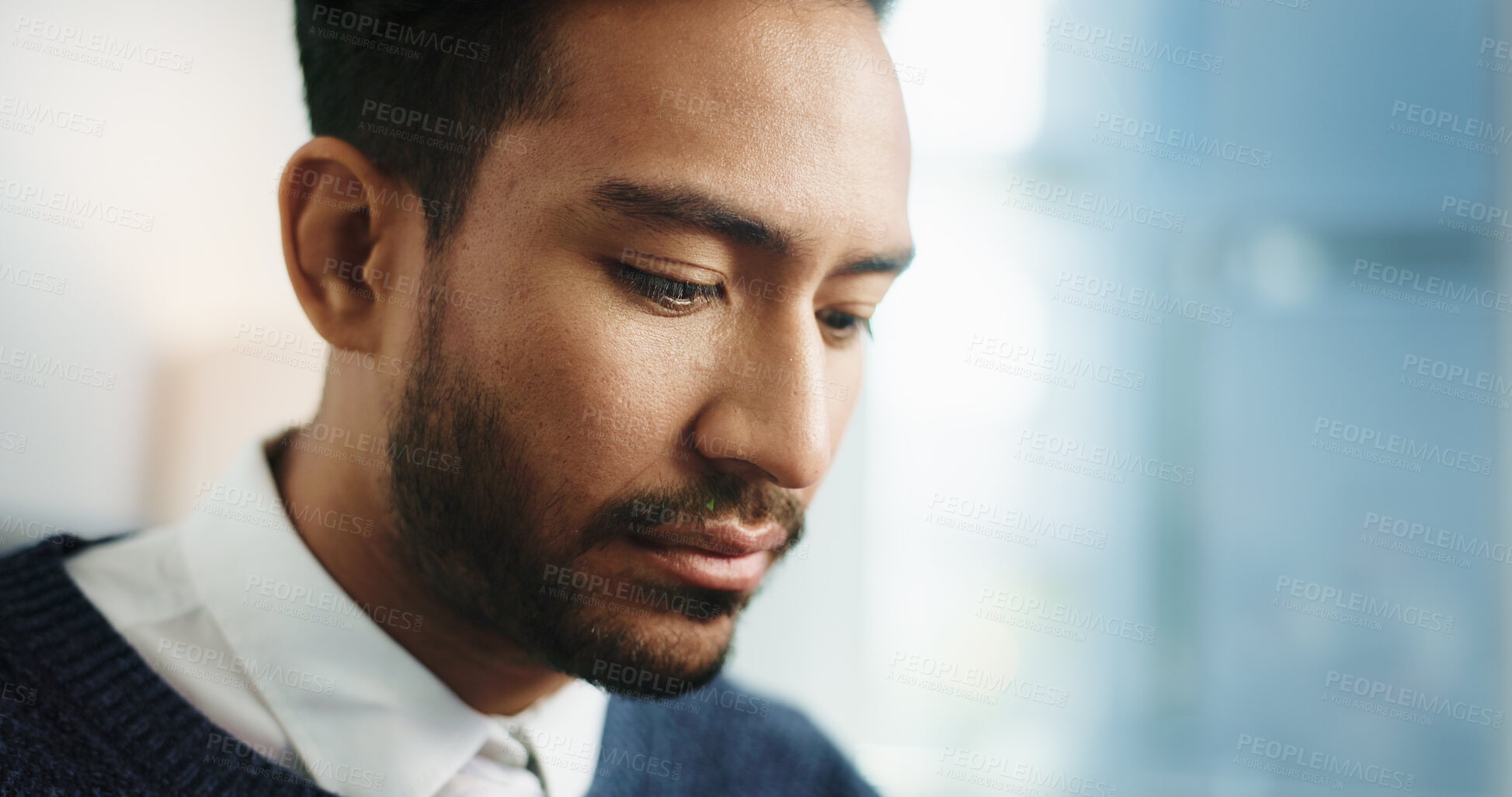 Buy stock photo Businessman, thinking and advocate in office for legal research, case preparation or drafting will. Attorney, male person and brainstorming at law firm for court review, lawsuit or legislation space