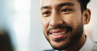 Buy stock photo Reading, happy man or attorney with technology for court case or justice career in office. Lawyer, laptop or legal aid for equal opportunity with service for firm, research and legislation with space