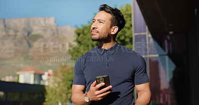 Buy stock photo Phone, thinking and man in city with networking, communication or contact on mobile app. Outdoor, technology and male person with ideas on cellphone for chatting, online or social media in urban town