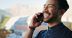 Talk, employee and man with smile, phone call and laughing at joke, communication and event planner. Happy, party coordinator and person with mobile for discussion, humor and planning for schedule