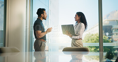 Buy stock photo Business man, woman and laptop in meeting with real estate team, discussion or available listings on website. Collaboration, computer and property review for realtor group, strategy or feedback