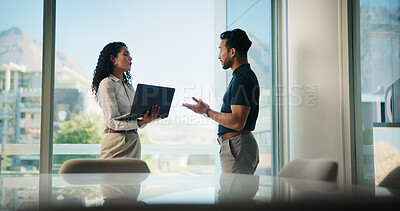 Buy stock photo Laptop, talking and business people in meeting for ideas, discussion or insurance policy for claims. Team, planning or workers in cooperation with technology for risk management or feedback in office