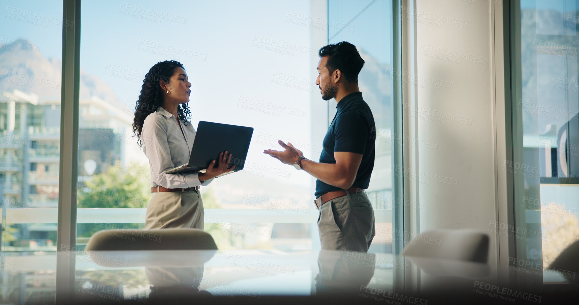 Buy stock photo Laptop, talking and business people in meeting for ideas, discussion or insurance policy for claims. Team, planning or workers in cooperation with technology for risk management or feedback in office