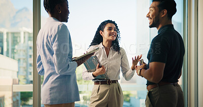 Buy stock photo Business people, tablet and discussion with real estate team, meeting or available listings on website. Talking, collaboration and property review with realtor group, strategy or feedback chat