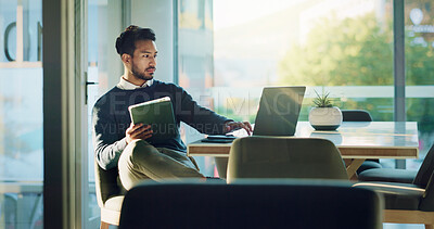 Buy stock photo Tablet, laptop and research with business man in office for planning, client briefing and accounting. Investment banker, broker budget and wealth manager with person for digital report on portfolio