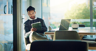 Buy stock photo Tablet, reading and research with business man in office for planning, client briefing and accounting. Investment banker, broker budget and wealth manager with person for digital report on portfolio