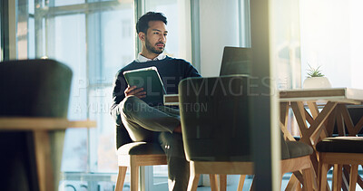 Buy stock photo Tablet, laptop and reading with business man in office for planning, client briefing and accounting. Investment banker, broker budget and wealth manager with person for digital report on portfolio