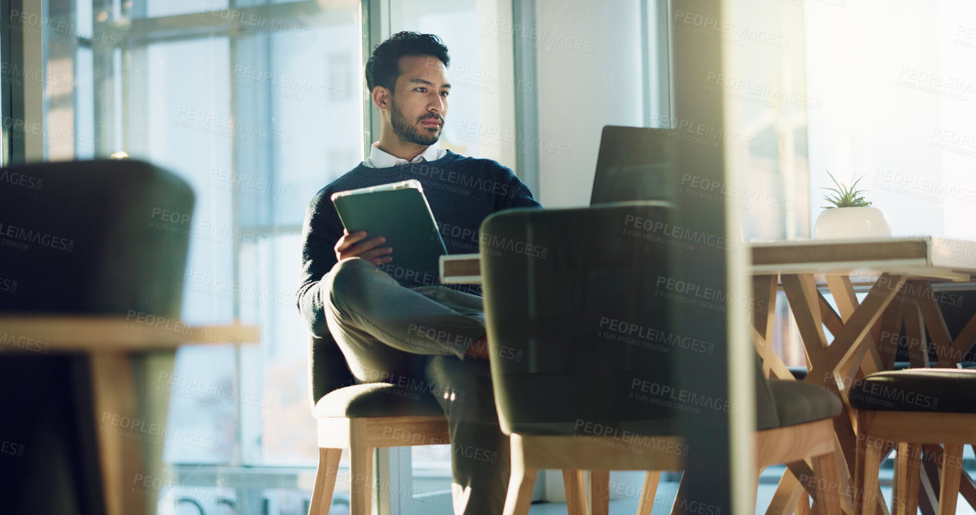 Buy stock photo Tablet, laptop and reading with business man in office for planning, client briefing and accounting. Investment banker, broker budget and wealth manager with person for digital report on portfolio