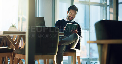 Buy stock photo Tablet, reading and smile with business man in office for planning, client approval and stock growth. Investment banker, broker budget and wealth success with person for digital report on portfolio