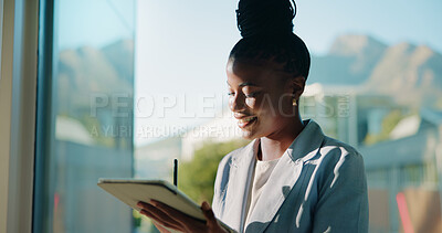 Buy stock photo Happy, black woman and designer with tablet for industrial design or infrastructure at office. Female person, employee or smile with technology or pen for work schedule, planning or idea at workplace
