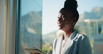 Buy stock photo Tablet, window or black woman in office thinking of ideas for urban development, vision or reflection. Happy, realtor or real estate agent with solution, smile or inspiration for property investment