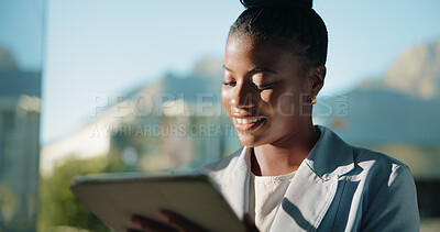 Buy stock photo Business, smile and black woman with tablet, window and connection with email for budget report. African person, employee and accountant with tech, digital app or communication with online schedule