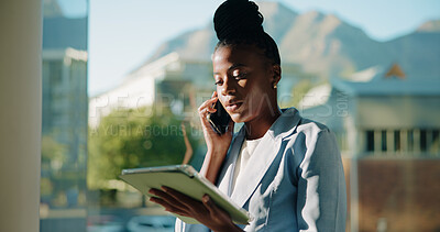 Buy stock photo Black woman, business and phone call with tablet for proposal, negotiation or settlement in city. Female person, attorney or lawyer talking on mobile smartphone with technology for deal or agreement