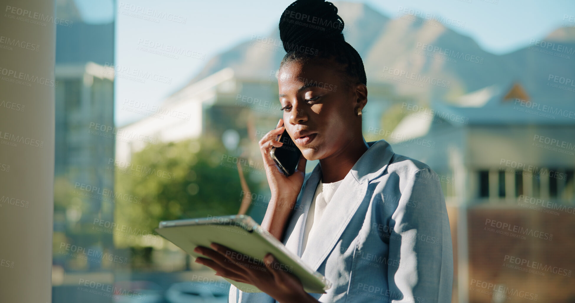 Buy stock photo Black woman, business and phone call with tablet for proposal, negotiation or settlement in city. Female person, attorney or lawyer talking on mobile smartphone with technology for deal or agreement