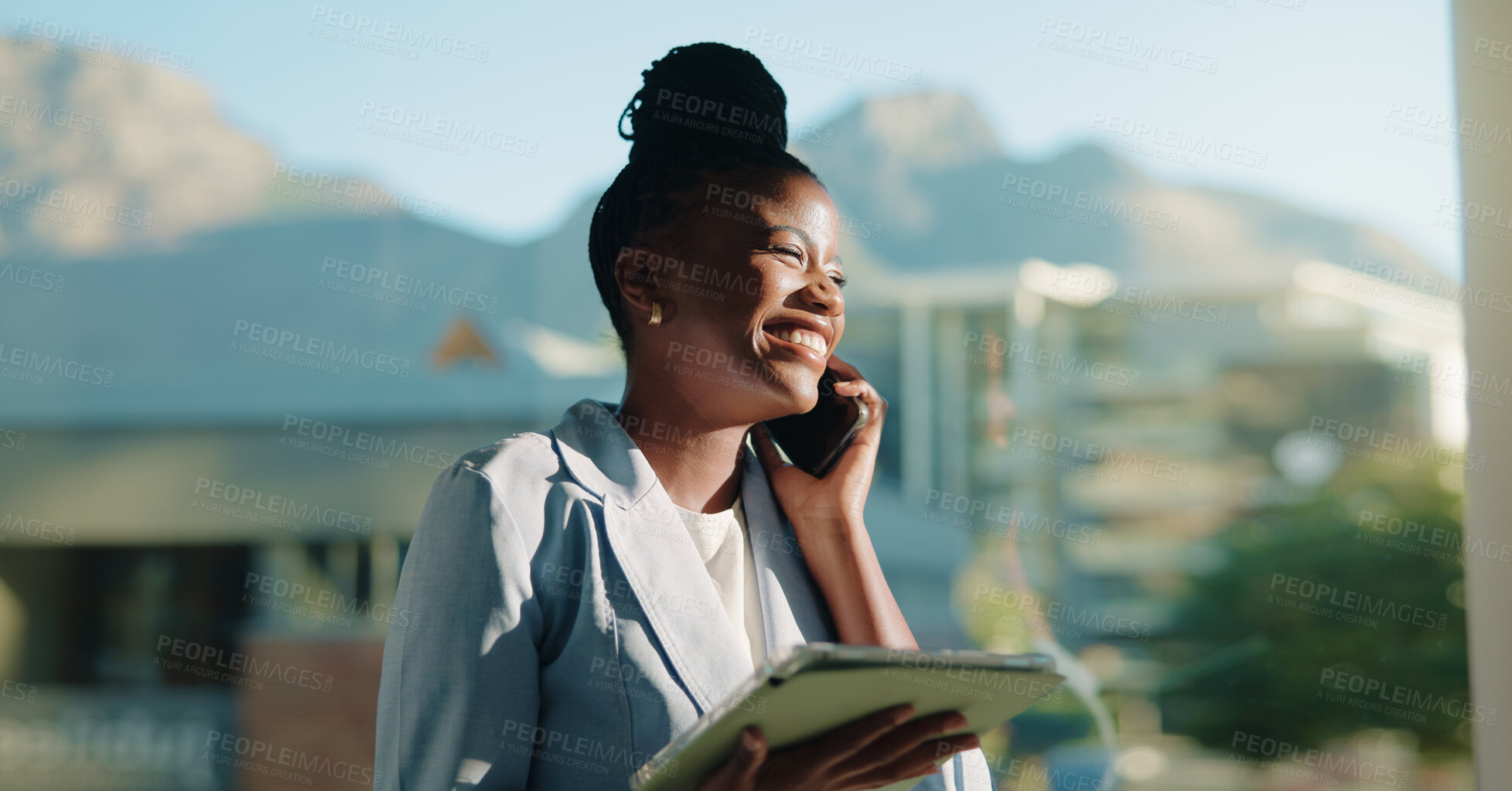 Buy stock photo Happy, black woman or phone call with tablet in city for corporate discussion or vision. Female person, financial advisor or accountant talking with smile on mobile smartphone for finance negotiation