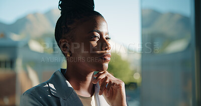 Buy stock photo Ideas, window or black woman in office thinking for urban real estate, vision or reflection. Space, choice or serious African realtor with solution, mission or inspiration for property investment