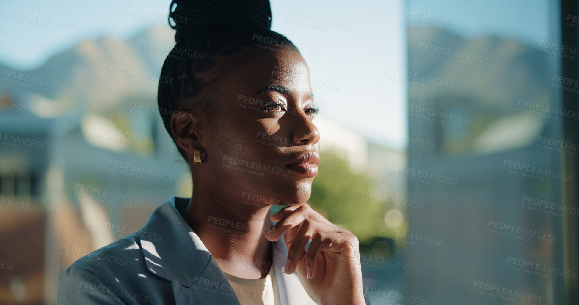 Buy stock photo Ideas, window or black woman in office thinking for urban real estate, vision or reflection. Space, choice or serious African realtor with solution, mission or inspiration for property investment