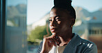 Project, window or black woman in office thinking of ideas for daydreaming, vision or reflection. Serious, realtor or real estate agent with solution, mission or inspiration for property investment