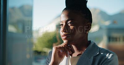 Buy stock photo Project, window or black woman in office thinking of ideas for daydreaming, vision or reflection. Serious, realtor or real estate agent with solution, mission or inspiration for property investment
