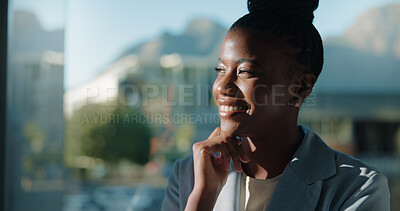 Buy stock photo Happy, window or black woman in office thinking of ideas for urban development, vision or reflection. Proud, realtor or real estate agent with solution, smile or inspiration for property investment