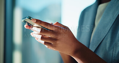 Buy stock photo Phone, hands and businesswoman in office with networking, communication or contact on mobile app. Technology, online and female lawyer with cellphone for connectivity, research or email with client.