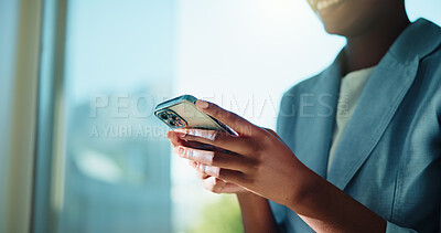 Buy stock photo Cellphone, hands and businesswoman in office with networking, communication or contact on mobile app. Technology, online and female lawyer with phone for connectivity, research or email with client.