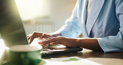 Buy stock photo Hands, business and woman in office, laptop and typing with research for economy news. Closeup, person and financial consultant in workplace, pc or internet with email for budget report or accounting