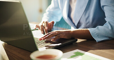 Buy stock photo Business person, hands and typing with laptop for finance, statistics or corporate budget at office. Accountant, employee or computer with graph, chart or report for financial review at workplace