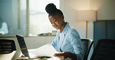 Buy stock photo Business, laptop and black woman in office, documents or charts for profit growth. African person, accountant or advisor with paperwork, pc or budget report with schedule, financial website or graphs
