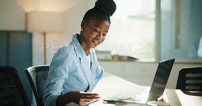 Buy stock photo Business, laptop and woman with documents, charts and schedule for budget review. African person, accountant and employee in office, pc and audit report with paperwork, financial website and economy