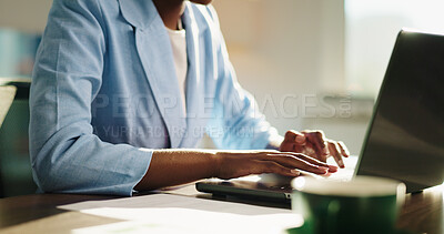 Buy stock photo Creative, hands and woman with typing on laptop for article submission, blog research and editing. Media agency, journalist and technology for publication review, editor feedback email or story draft