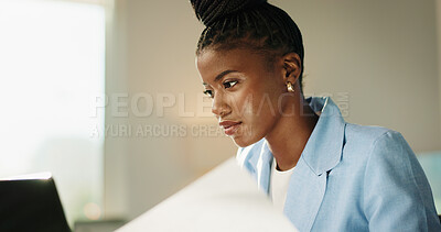 Buy stock photo Business, documents or black woman in office, laptop or online reading with checklist for tax report. African person, employee or accountant in workplace, pc or risk management with results for audit