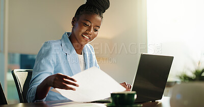 Buy stock photo Business, documents and black woman in office, laptop and reading with checklist for payroll. African person, employee and accountant with computer, audit and risk management with results for revenue