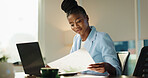 Business, paperwork and black woman in office, laptop and online reading with checklist, charts or report. Person, employee and accountant with pc, graphs and risk management with results for audit