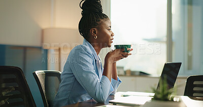 Buy stock photo Business, coffee or black woman with thinking by laptop for project inspiration, vision or planning. Office, professional and hot beverage at desk with corporate reflection, daydreaming and start day