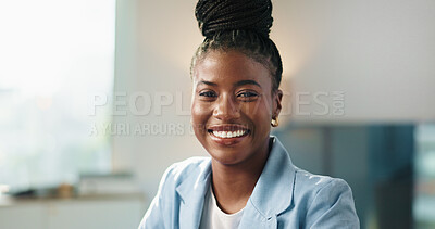 Buy stock photo Happy, black woman and portrait of lawyer in office with confidence for corporate career. Smile, pride and African female attorney from Nigeria with legal job opportunity for internship in workplace.