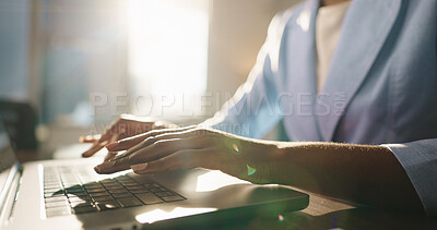 Buy stock photo Business, hands and woman with typing on laptop for article submission, blog research and editing. Creative agency, journalist and technology for publication draft, editor feedback email and keyboard