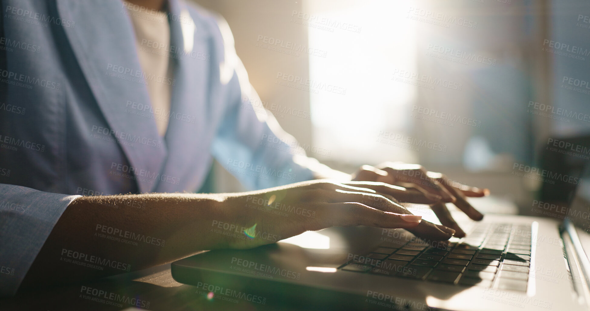 Buy stock photo Business, hands and person with typing on laptop for article submission, story research or editing. Creative agency, journalist and technology for proofreading blog, editor feedback email or campaign