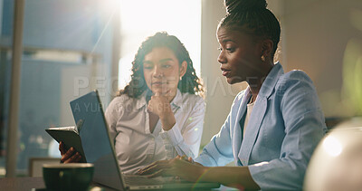 Buy stock photo Business, women and reading on laptop in office for planning, finance report and review budget. People, team and research with PC for feedback, financial update and information of investment proposal