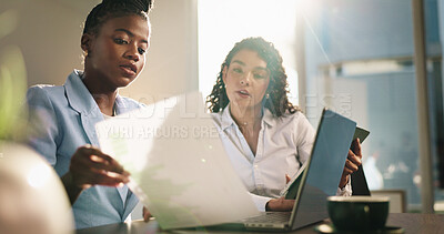 Buy stock photo Document, team and business women with chart for discussion, financial investment or data analysis. Paperwork, planning and workers in office with graph for stats, brainstorming or strategy with tech
