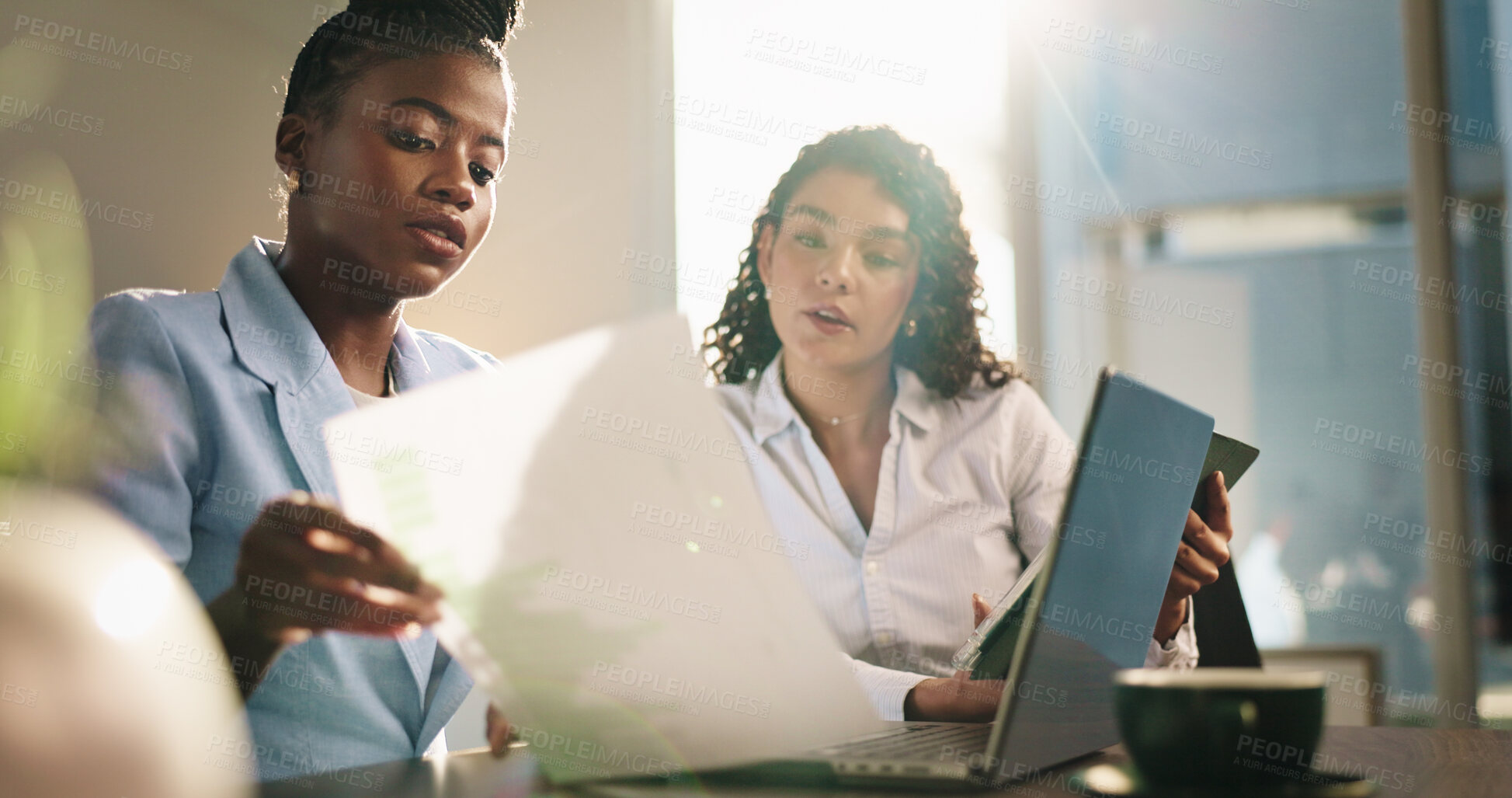 Buy stock photo Document, team and business women with chart for discussion, financial investment or data analysis. Paperwork, planning and workers in office with graph for stats, brainstorming or strategy with tech