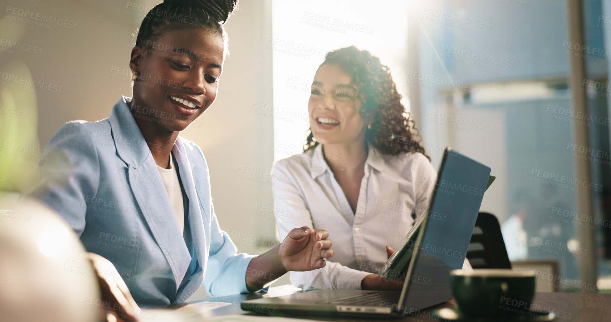 Buy stock photo Happy, business and women with laptop in office for planning, finance report and review budget. Smile, people and team with pc for feedback, financial update and information for investment proposal
