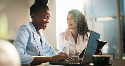 Buy stock photo Smile, business and people with laptop in office for planning, finance report and review budget. Happy, women and team with PC for feedback, financial update and information for investment proposal