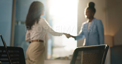 Buy stock photo Handshake, deal and business women in office for partnership, agreement or finance merger. Contract, greeting and financial manager shaking hands with client for introduction, welcome or thank you.