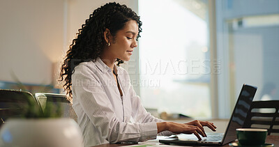 Buy stock photo Laptop, research and businesswoman in office with contact, communication or email with finance client. Computer, typing and female financial manager with online investment proposal in workplace.