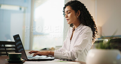 Buy stock photo Laptop, research and businesswoman in office with typing, communication or email with finance client. Computer, contact and female financial manager with online investment proposal in workplace.